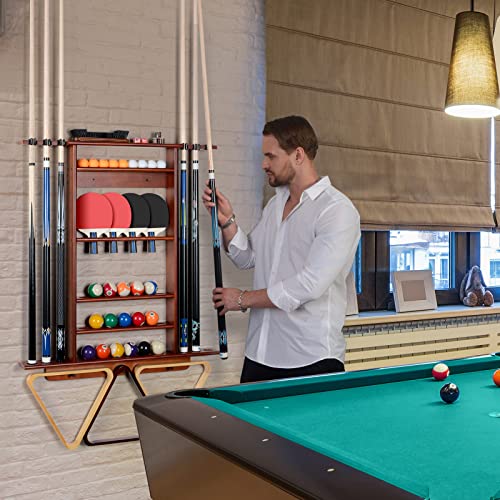 XCSOURCE Pool Cue Rack, 2-in-1 Pool Stick & Ping Pong Paddle Holder, 100% Solid Pine Wood Wall Mount Holds Billiards and Table Tennis Accessories for Man Cave, Billiard Room, Game Room - color: 2-IN-1 Cherry