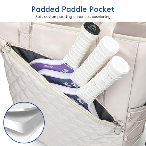 Pickleball Tote Bag for Women with Fence Hook, Quilted Pickleball Bag Holds 3-4 Paddles with Shoe Compartment & Wet Pocket - color: Beige