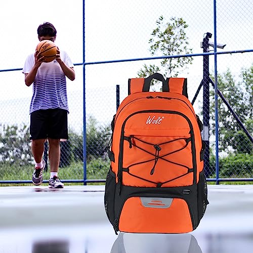 WOLT Basketball Backpack Large Sports Bag with Separate Ball Holder & Shoes Compartment, Best for Basketball, Soccer,Gym - color: Orange