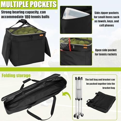 Foldable Tennis Ball Cart Holds 180 Balls Wheeled Tennis Ball Hopper Sports Teaching Carts with Storage Bag, Light Auminum Alloy
