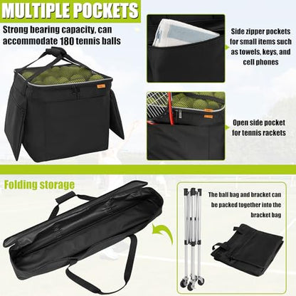 Foldable Tennis Ball Cart Holds 180 Balls Wheeled Tennis Ball Hopper Sports Teaching Carts with Storage Bag, Light Auminum Alloy