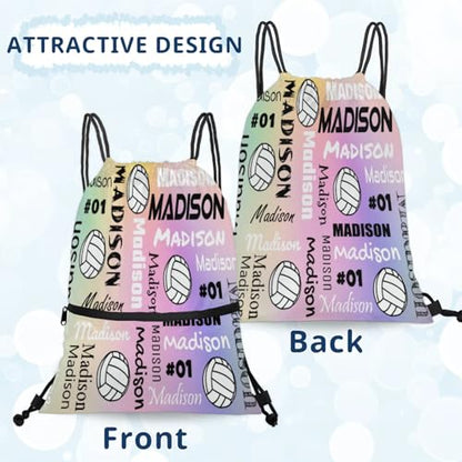 Custom Volleyball Style Drawstring Bag, Personalized Sports Ball Backpack Drawstring Sack Cinch Bags for Team Gift Party Favors, Colourful Glitters - color: Black
