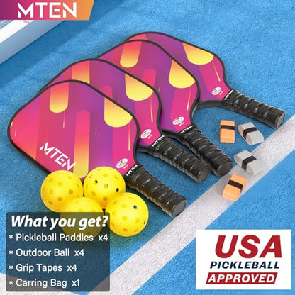 Pickleball Paddles Set of 2 or 4, or Single Paddle – USAPA Approved Fiberglass Surface Pickleball Rackets Set for Men & Women - color: RED*4