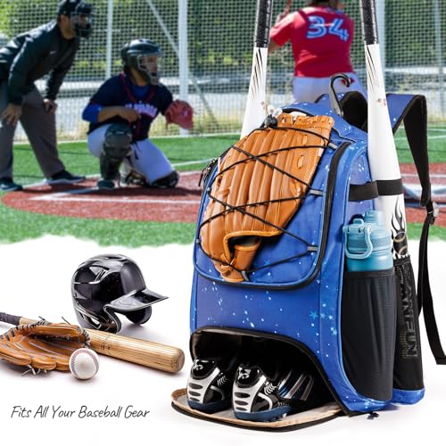 Youth Baseball Bag Backpack with Bat Holder for Boys Girls Baseball & Softball Bat Bag for T-Ball Equipment, Kids Baseball Backpack with Shoe Compartment & Glove Storage - color: Blue
