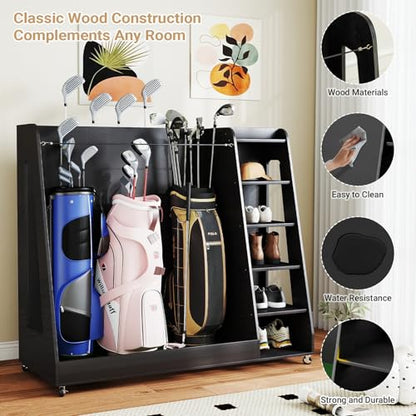 Zevemomo Wooden Golf Bag Organizer with Wheels, Golf Storage Organizer for Garage, 3 Golf Bag Storage Rack, Holds 3 Golf Bags and Golf Equipment, Suitable for Garage Home Golf Club, Black