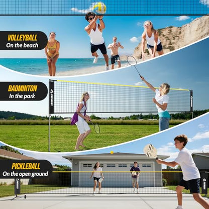 Volleyball Badminton Pickleball 3-in-1 Combo Net Set, 5.1-7.4ft Adjustable Height Sports Nets for Backyards, Portable 17ft Outdoor Net with Carry Bag, Rackets and Balls