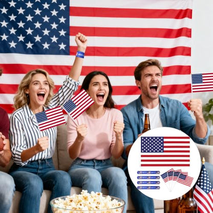 Team USA Cheering Accessories Pack 9 Pcs - 2x3 Ft American Flag, 4 Small US Flags on Stick, 4 Patriotic Slap Bracelets - USA Fan Gear Party Supplies for 2026 Soccer Event, 4th of July, Sports Bar