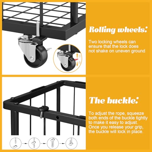 Hencawima Large Garage Ball Storage, Rolling Floor Sports Equipment Organizer: Freestanding Ball Rack with Elastic Rope–, Ball Holder for Basketball, Soccer, Football, Volleyball, Garage, Gym, Black - size: Large, style: With Wheels,Rectangle