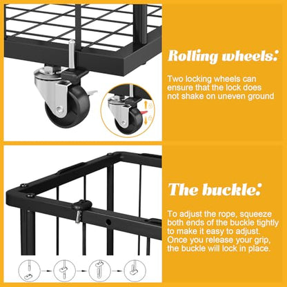 Hencawima Large Garage Ball Storage, Rolling Floor Sports Equipment Organizer: Freestanding Ball Rack with Elastic Rope–, Ball Holder for Basketball, Soccer, Football, Volleyball, Garage, Gym, Black - size: Large, style: With Wheels,Rectangle