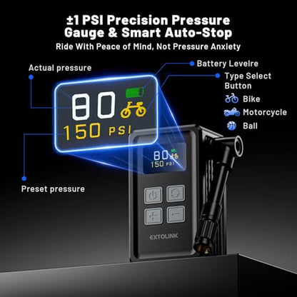 Mini Bike Tire Pump - 20s Fast Inflate Electric Bike Pump with Gauge, Max 150PSI Electric Air Pump with Presta & Schrader Valve for Road Bike, Mountain Bike, Electric Bike