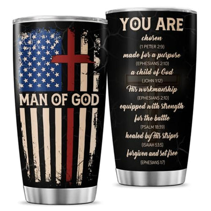 Christian Man of God 20oz Insulated Tumbler, Bible Verse Travel Mug with American and Cross, Religious Gift for Men, Spiritual Faith Cup for Dad, Husband, Pastor, Church - color: Christian American Flag