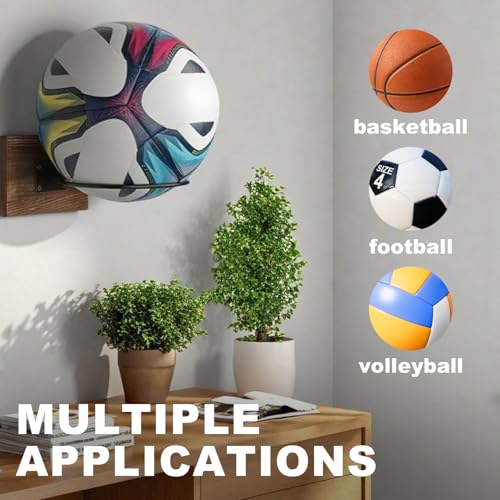 Wall Mount Basketball Holder with Wooden Base, Adjustable Metal Sport Rack for Football Basketball Soccer Rugby Display Rack