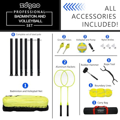Zdgao Volleyball and Badminton Combo Set for Backyard - 20FT/32FT Volleyball/Badminton Net with Adjustable Height Pole,Anti-Sag System,Volley Ball, Badminton Racquets,Boundary Line and Carry Bag - color: Yellow, style: 20FT Volleyball/Badminton Net