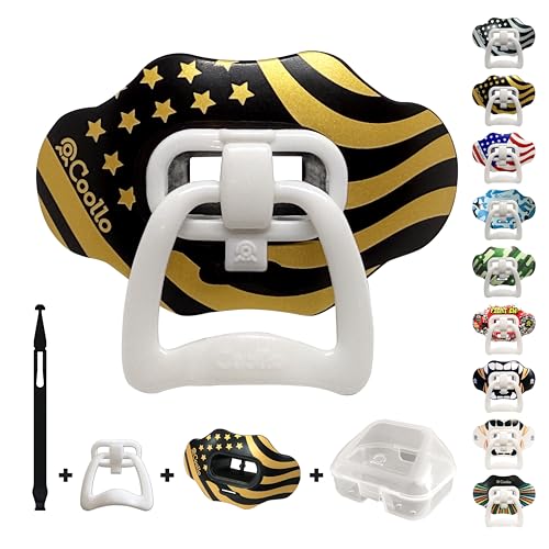 Football Mouth Guard Lip Guard 2-in-1 Transformer Pacifier Football Sports Lip Protector for Adults & Youth USA Flag & Fangs Mouthpiece (Case Included) - color: American Flag-gold