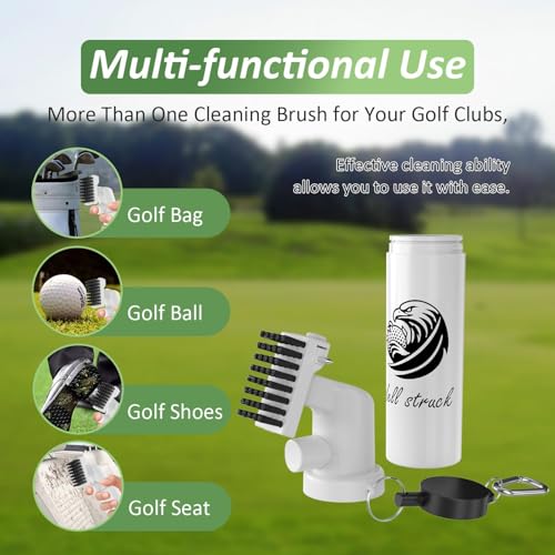 Pro Golf Club Cleaner - 4oz Water Bottle with Groove Cleaner and Retainer Clip, Durable Nylon Bristles for Easy Cleaning, Ergonomic Button Design, Golf Gifts for Men & Essential Accessories (White)