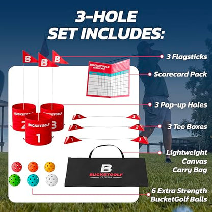 bucketgolf Original Game 3-Hole Travel Set – #1 Backyard Golf Game for Adults. Ideal for Yard, Beach, Park, Camping, and Outdoor Fun
