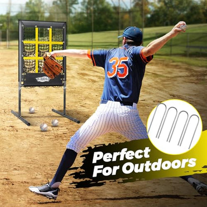 PLAYAPUT Pitching Net, 9 Hole Baseball Pitching Net with Strike Zone,Height Adjustable Softball Baseballs Net For Pitching,Throwing,Hitting Accuracy,Baseball Pitching Target With Sandbags,Ground Stake