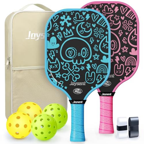 Pickleball Paddles Set, USAPA Approved Carbon Fiber Pickleball Set of 2 with Beginner Pickleball Rackets, Indoor Outdoor Pickle Balls for Adults Men Women, JT-1 - color: SkullPop