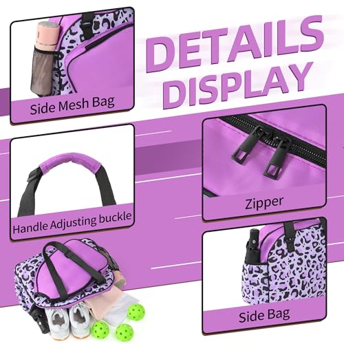 Boulder Bee Pickleball Bags, Premium Pickleball Tote Bag for Girls, Women’s Hand/Shoulder Gym Bag w Water Bottle Holder, with Pickleball Racquet/Paddle Holder - color: Leopard print-purple