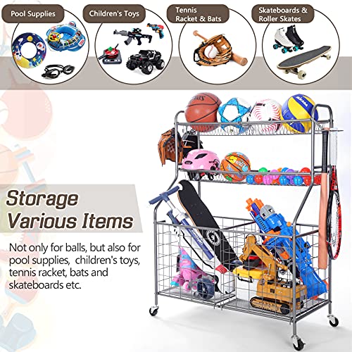 Ball Organizer for Garage, Steel Sport Equipment Organizer with Baseball Bat Holder and Hooks, Easy Assembly Storage for Balls, Kids' Toys, and Workout Gear in Basement, Home Gym, Outdoor