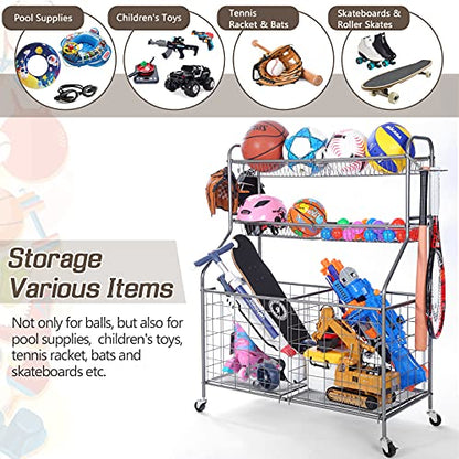 Ball Organizer for Garage, Steel Sport Equipment Organizer with Baseball Bat Holder and Hooks, Easy Assembly Storage for Balls, Kids' Toys, and Workout Gear in Basement, Home Gym, Outdoor