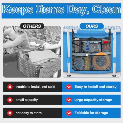 Pool Side Storage mesh bag, 24 x20" Above Ground Swimming Pool side Hanging Organizer Net Basket for Towels, Cups, Toys, Outdoor Pool Accessories with Hooks Attaches to Poolside and Fence (Black) - size: Small