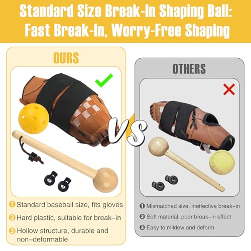 Baseball Glove Break-in Kit, 6-Piece Set with 1 Wooden Solid Construction Glove Mallet, 2 Elastic Wraps, 2 Locks, 1 Plastic Practice Ball - Baseball Hammer for Adult & Youth Glove Break-in and Shaping - size: Black-Glove Break-in Kit