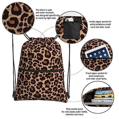 Leopard Printing Drawstring Backpack Bag Sport Gym Sackpack Durable Waterproof Lightweight for Men Women Beach Bag String Bag - color: Leopard Print