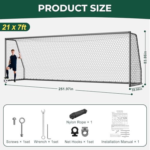 MOPHOTO Soccer Goal, 6X4/8x6/10x6.5/12x6/16x7/18.5x6.5/21x7/24x8ft Soccer Goals for Backyard, Full Size Soccer Goal for Teens & Adults Training - size: 21x7FT, style: Alu-Grey