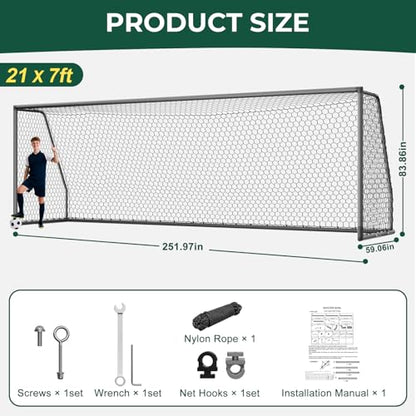 MOPHOTO Soccer Goal, 6X4/8x6/10x6.5/12x6/16x7/18.5x6.5/21x7/24x8ft Soccer Goals for Backyard, Full Size Soccer Goal for Teens & Adults Training - size: 21x7FT, style: Alu-Grey