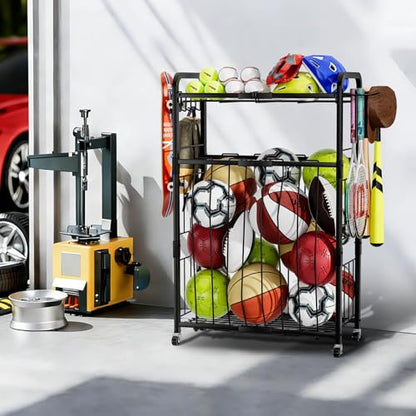 Garage Ball Storage Rack - Sports Equipment Organizer with Wheels, Rolling Sports Ball Cart with Elastic Rope, Outdoor Ball Holder for Basketball Soccer Volleyball Football, Garage Toy Storage