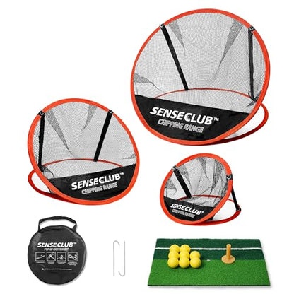 SENSECLUB Foldable Chipping Net with Mat & Balls, Indoor Golf Practice Chipping Target, Backyard Golf Game & Gifts - style: Round Net +Mat +Balls