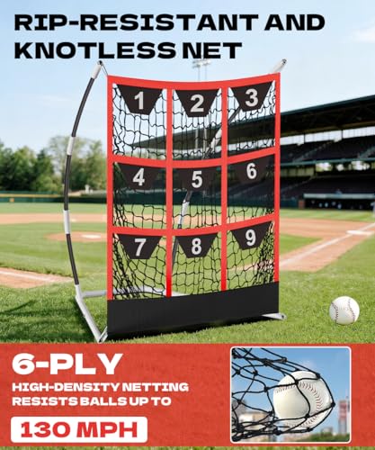 Queension 9 Hole Pitching Target Net with Strike Zone, Baseball Batting Net with Target Pockets, Pitching Net with Ground Stakes and Sandbags for Baseball Training - color: White
