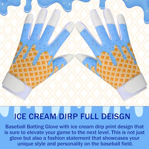 JenPen 1 Pair Youth Ice Cream Drip Batting Gloves 6 Inch Baseball Batting Gloves Long Cuff Leather Ice Cream Drip Pattern Mitt Grip Finger for Softball Teeball Baseball Kids Youth Boys - color: Blue, size: M Size