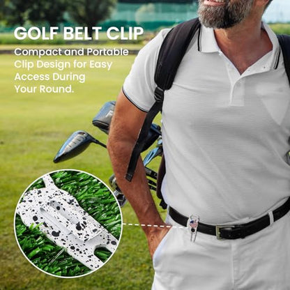 FINGER TEN Golf Divot Repair Tool and Ball Marker 7-in-1 Value 2 Pack, Premium Leather Grip Tools with Belt Clip, Club Tee, Club Groove Cleaner, Bottle Opener, Putting Alignment Guide - color: Dots