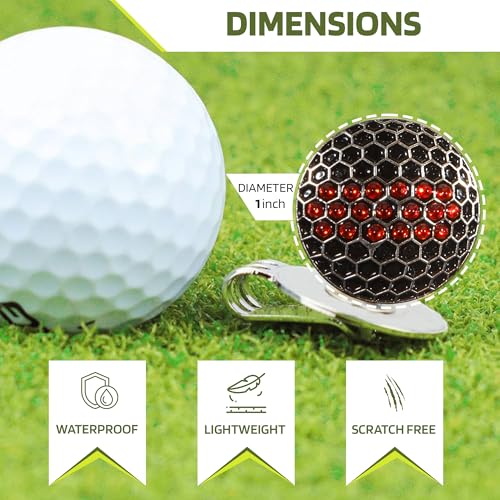 Golf Ball Marker Fits on Hat Clip - Premium Quality Metal Ball Marker with Red & Black Crystal Golf Ball Markers for Hat Divot Tool - Unique Golf Gift Accessory - Value Gift Set for Golfers