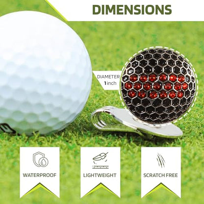 Golf Ball Marker Fits on Hat Clip - Premium Quality Metal Ball Marker with Red & Black Crystal Golf Ball Markers for Hat Divot Tool - Unique Golf Gift Accessory - Value Gift Set for Golfers