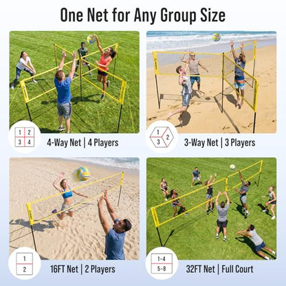 4 Square Volleyball Game Set, 4 Way Net System with 16FT & 32FT Court, Adjustable Height Backyard Badminton Combo, Portable Outdoor Kit with Ball, Pump, Boundary Line, Carry Bag
