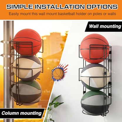 3 Floor Outdoor Vertical Basketball Holder Standing Pole Mount Ball Racks Wall Mount Sport Organizer for 3 Balls for Outdoor Garage Gym Sportground