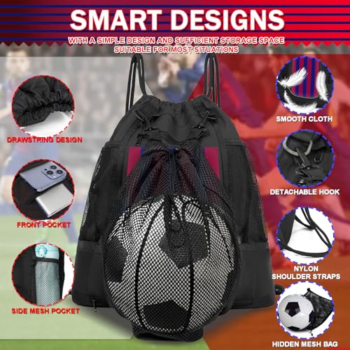 KAEGREEL Drawstring Soccer Bag Basketball Backpack for Kids Teens, Foldable Sports Bags Detachable Ball Mesh Bag for Gym Yoga Football Baseball - color: Black with Red & Blue Stripes