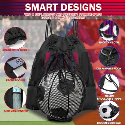 KAEGREEL Drawstring Soccer Bag Basketball Backpack for Kids Teens, Foldable Sports Bags Detachable Ball Mesh Bag for Gym Yoga Football Baseball - color: Black with Red & Blue Stripes