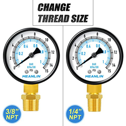 0-15Psi 2" DIAL FACE 1/8" NPT Well Pump Pressure Gauge, with 1/4" NPT and 3/8" NPT Hex Bushing, 3-2-3% Accuracy, Lower Mount - size: 0-15Psi, style: 1/8"NPT Lower Mount
