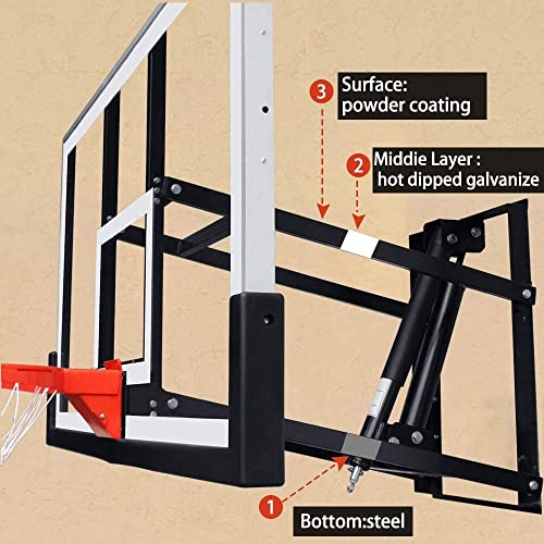 Katop Wall Mount Basketball Hoop with 60"x36", 72"x42" Tempered Glass Backboard, Effortlessly Height Adjustable from 7.5' to 10', Pre Installed Pads and Heavy Duty Basketball Rim and Net
