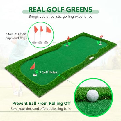 Premium Golf Putting Green Mat for Indoor & Outdoor, 3 Holes with Flags, Realistic Turf & Non-Slip Base, Practice Putting Mat with 6 Balls & Slope Pads - size: 11'10" x 4'11" (L x W)
