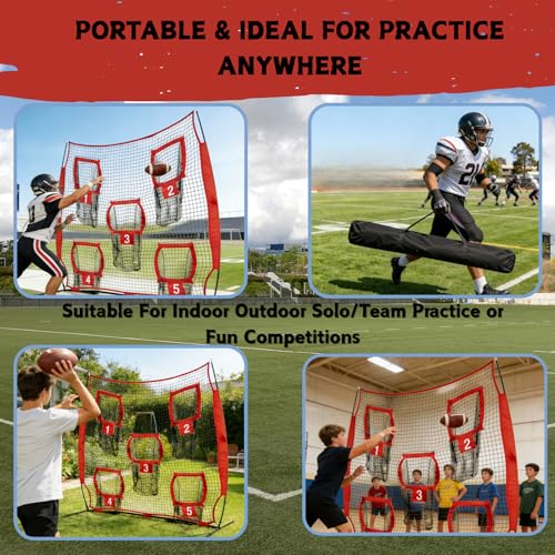 7x7ft Football Throwing Net with 5 Targets – Portable QB Throwing Net for Quarterback Training, Football Training Equipment - Perfect Football Target Net with Carry Bag