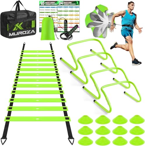 Agility Ladder & Soccer Goal Training Set, 20ft Speed Ladder with Cones, Hurdles, Jump Rope & Parachute, Plus 2 Pack Pop Up Kids Soccer Goals with Ball & Cones for Backyard Sports Practice
