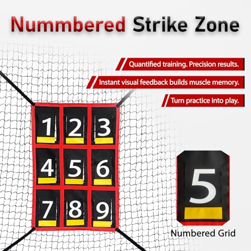 7x7ft Baseball & Softball Practice Net with Numbered Strike Zone - Heavy Duty Portable Hitting Pitching Training Net for Pitching Accuracy & Hitting Practice, Portable with Carry Bag.