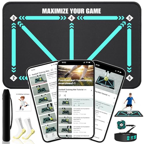 2F22E Soccer Training Mat for Kids & Youth, Non-Slip Silent Footwork Training Equipment with Soccer Bounce Trainer & Socks, Ball Mastery Skills Mat with Instructional Video for Indoor Practice - color: Cyan-blue