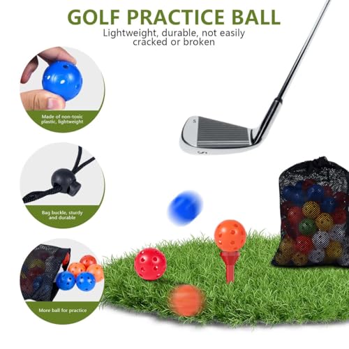 KISEER 90 Pack Colorful Plastic Practice Golf Balls Airflow Hollow Training Golf Balls with Nylon Mesh Bags for Driving Range, Swing Practice, Outdoor or Home Use