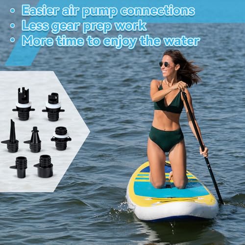 Paddle Board Pump Adapter Set Universal Sup Pump Adaptor Hose with 7 Air Valve Nozzles Boat Air Compressor Valve Converter Swivel Threaded Connector Kits for Inflatable Paddleboard Boat Tent Kayak